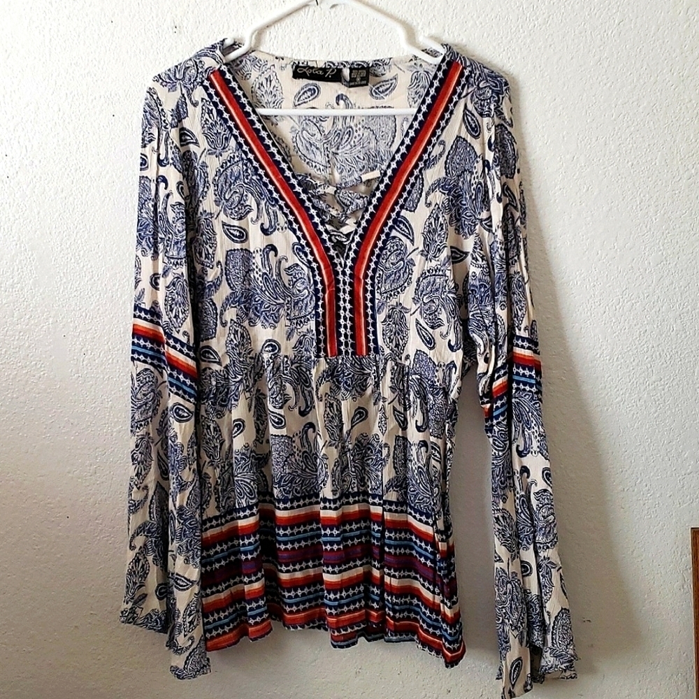 LOLA P. Boho Paisley Bell Sleeve Blouse Size M